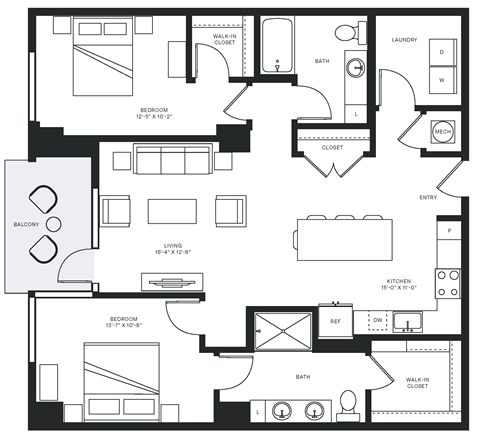 Floor plan for 2 beds, 2 baths, 1235 sqft